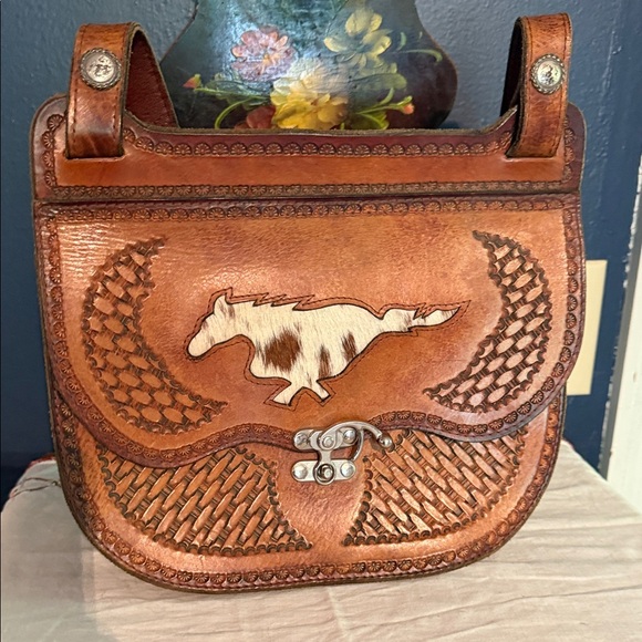 Brown Leather Shoulder Bag with Horse Design - Picture 1 of 4